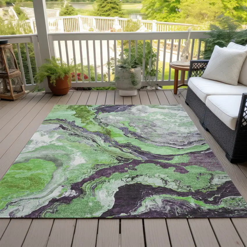 Green And Charcoal Abstract Washable Indoor Outdoor Area Rug Photo 8