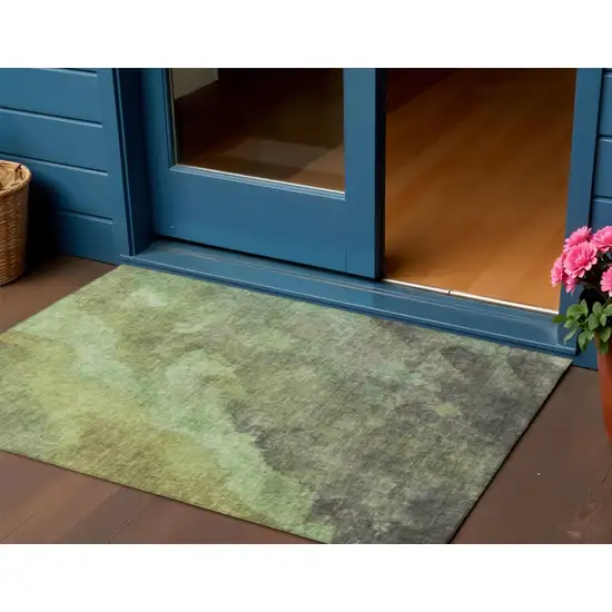 Green And Charcoal Abstract Washable Indoor Outdoor Area Rug Photo 2