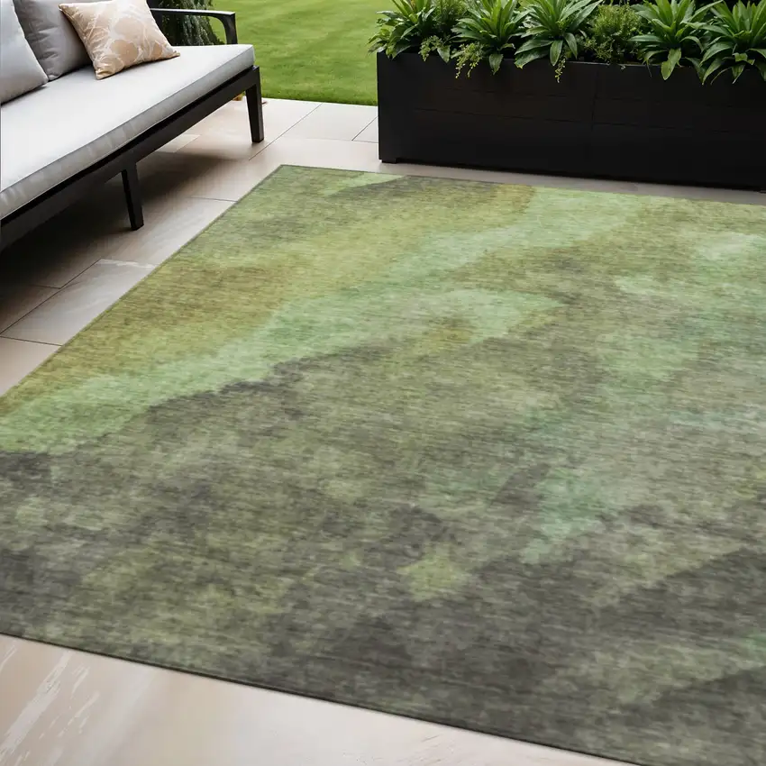 Green And Charcoal Abstract Washable Indoor Outdoor Area Rug Photo 2
