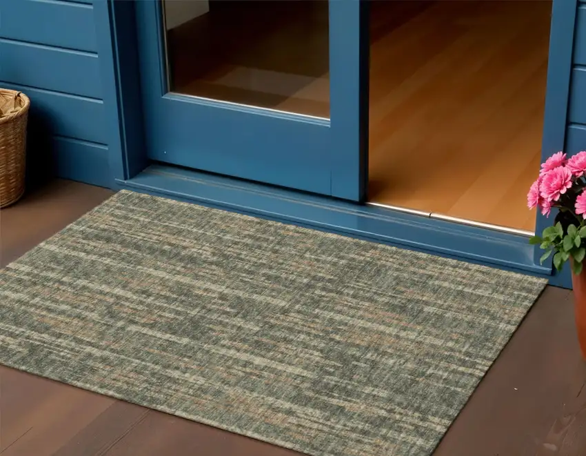 Green And Charcoal Abstract Washable Indoor Outdoor Area Rug Photo 2