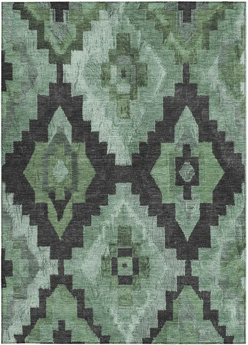 Green And Charcoal Aztec Washable Indoor Outdoor Area Rug Photo 3