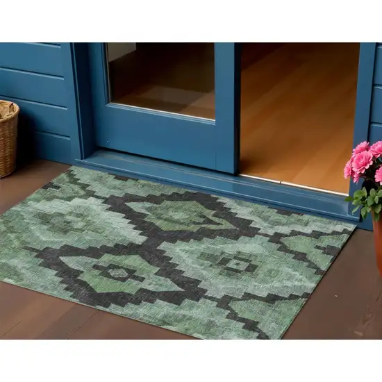 Green And Charcoal Aztec Washable Indoor Outdoor Area Rug Photo 2