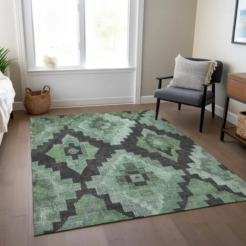 Green And Charcoal Aztec Washable Indoor Outdoor Area Rug Photo 7