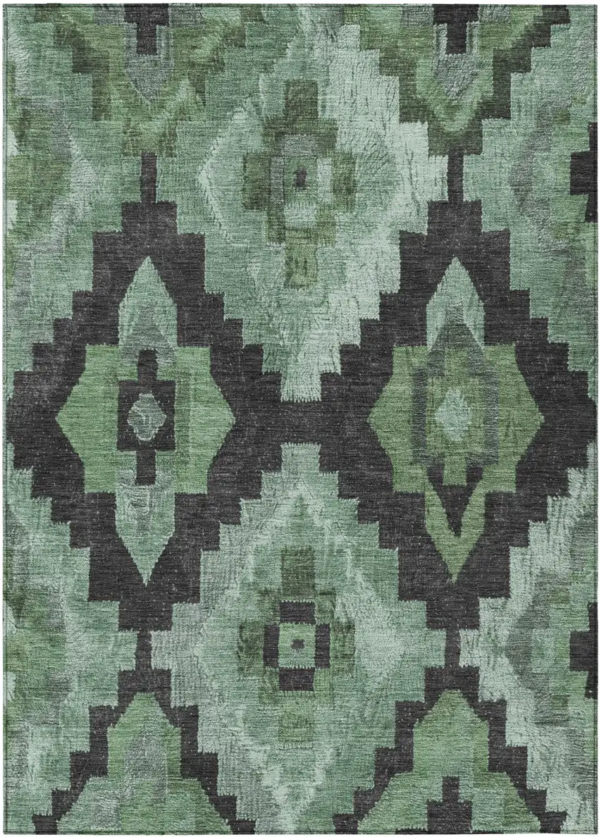 Green And Charcoal Aztec Washable Indoor Outdoor Area Rug Photo 1