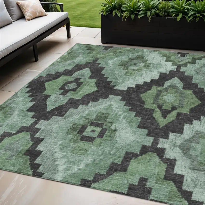 Green And Charcoal Aztec Washable Indoor Outdoor Area Rug Photo 2
