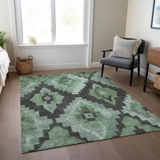 Green And Charcoal Aztec Washable Indoor Outdoor Area Rug Photo 7