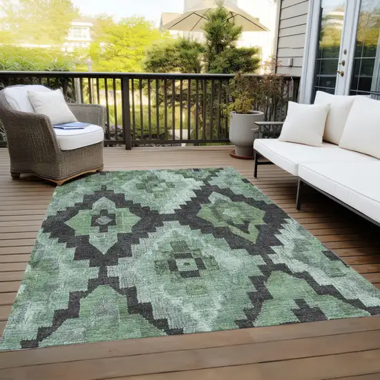 Green And Charcoal Aztec Washable Indoor Outdoor Area Rug Photo 8