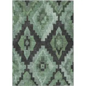 Photo of Green And Charcoal Aztec Washable Indoor Outdoor Area Rug
