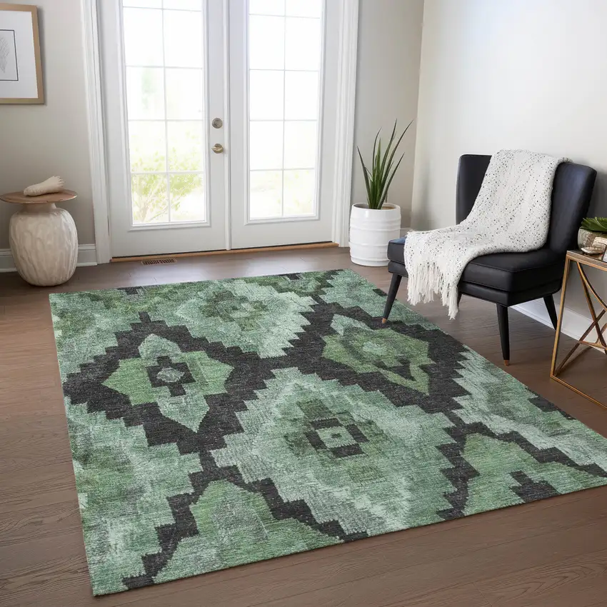 Green And Charcoal Aztec Washable Indoor Outdoor Area Rug Photo 6