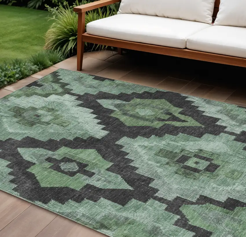 Green And Charcoal Aztec Washable Indoor Outdoor Area Rug Photo 2