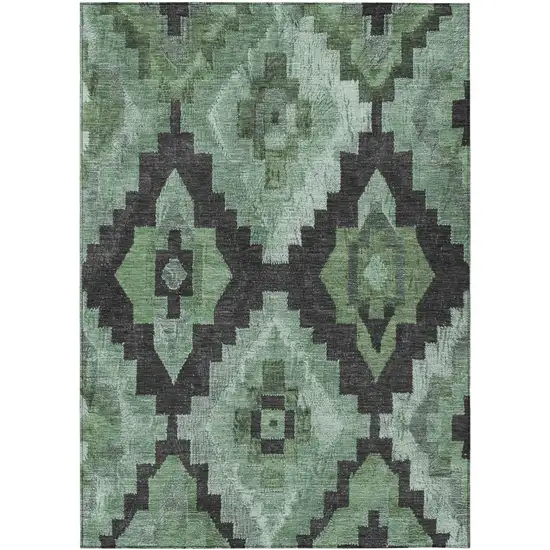 Green And Charcoal Aztec Washable Indoor Outdoor Area Rug Photo 1