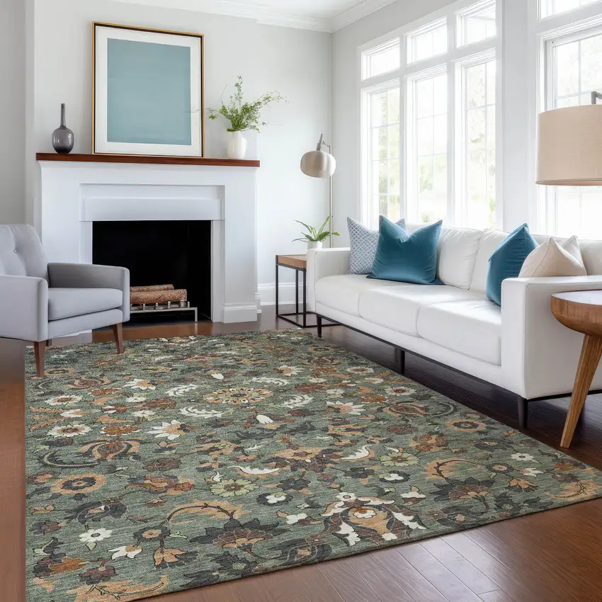 Green And Charcoal Floral Medallion Washable Indoor Outdoor Area Rug Photo 6