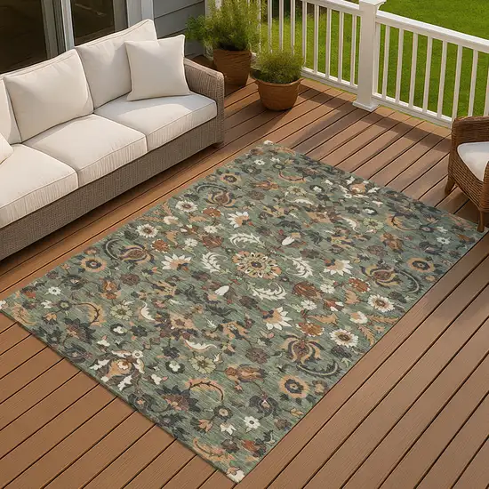 Green And Charcoal Floral Medallion Washable Indoor Outdoor Area Rug Photo 7