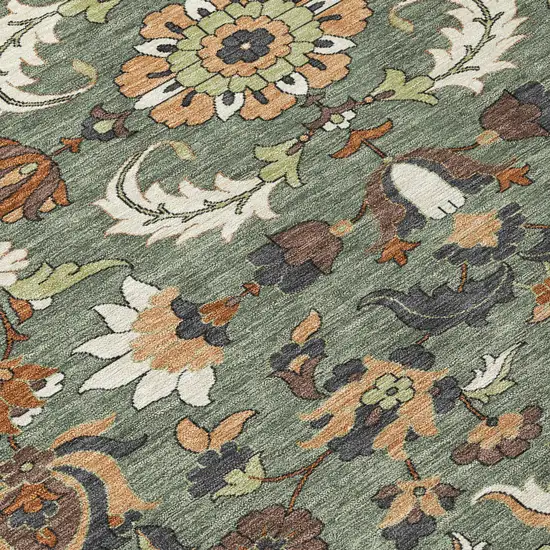 Green And Charcoal Floral Medallion Washable Indoor Outdoor Area Rug Photo 9