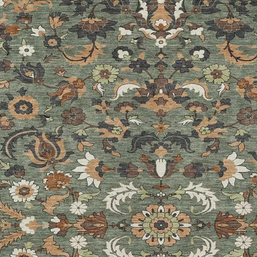 Green And Charcoal Floral Medallion Washable Indoor Outdoor Area Rug Photo 2