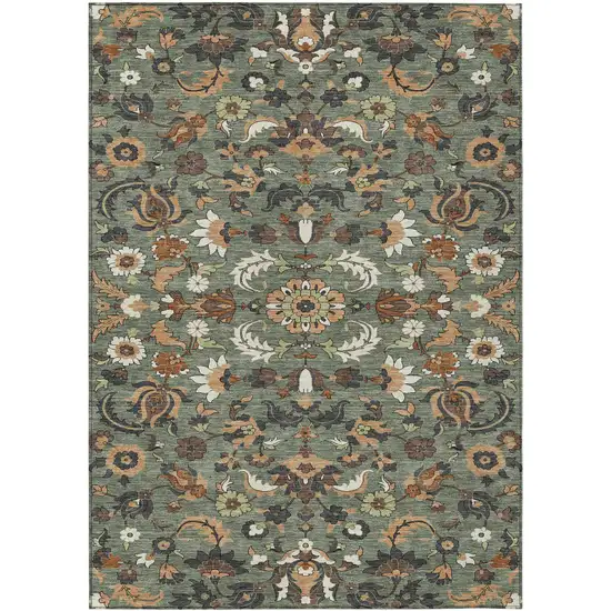 Green And Charcoal Floral Medallion Washable Indoor Outdoor Area Rug Photo 1