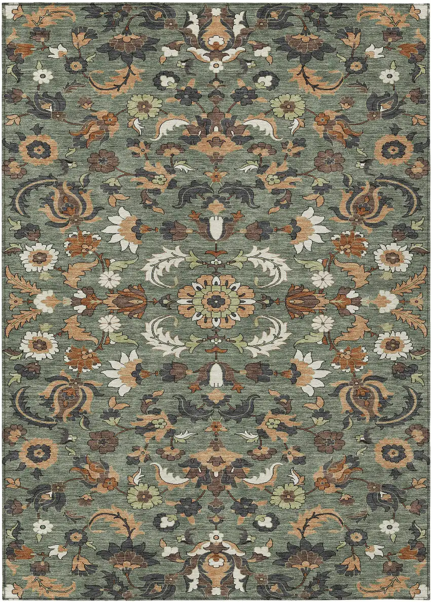 Green And Charcoal Floral Medallion Washable Indoor Outdoor Area Rug Photo 1