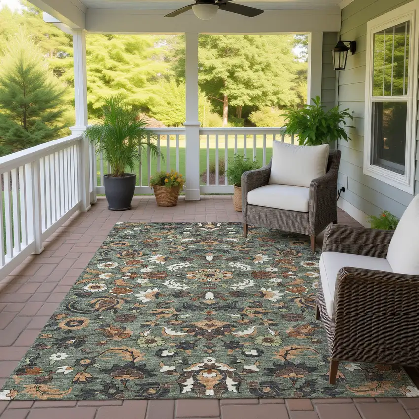 Green And Charcoal Floral Medallion Washable Indoor Outdoor Area Rug Photo 4