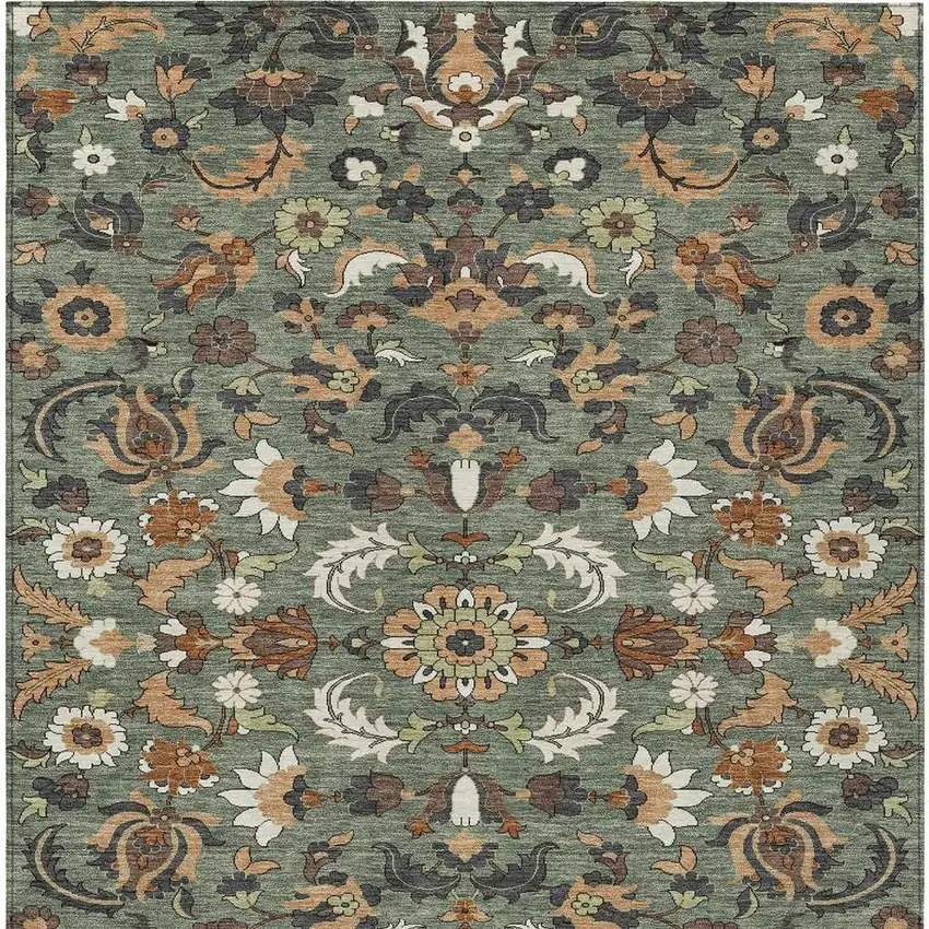 Green And Charcoal Floral Medallion Washable Indoor Outdoor Area Rug Photo 3