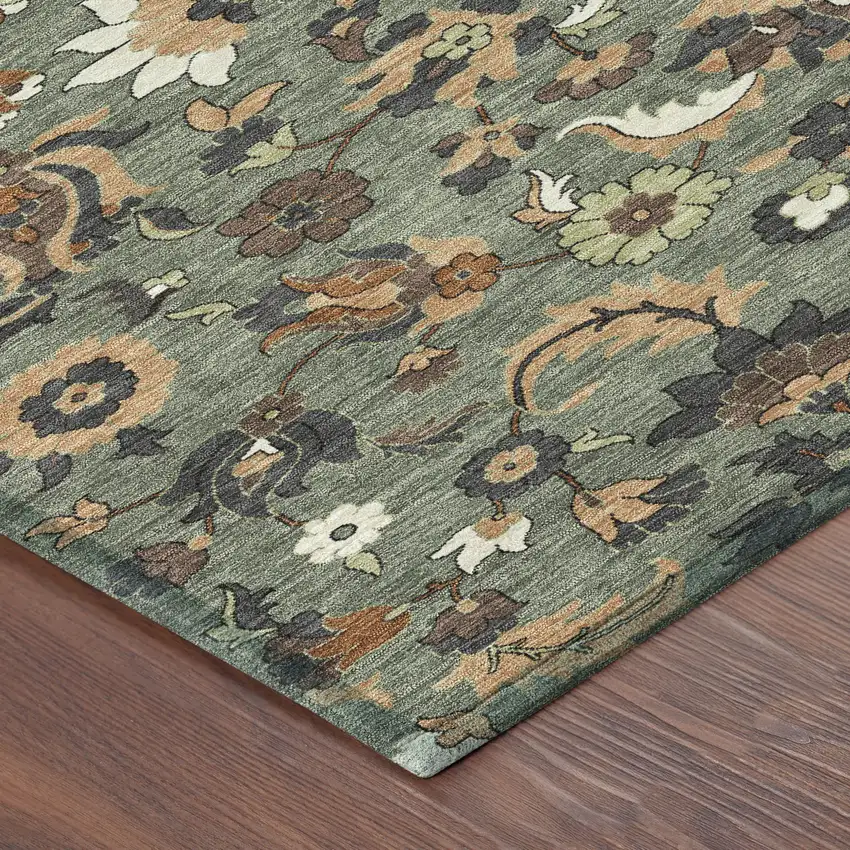 Green And Charcoal Floral Medallion Washable Indoor Outdoor Area Rug Photo 8