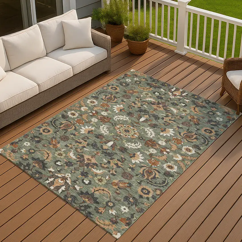 Green And Charcoal Floral Medallion Washable Indoor Outdoor Area Rug Photo 7