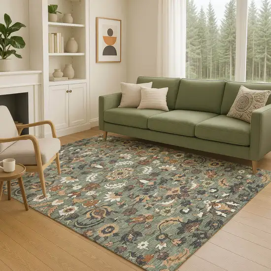 Green And Charcoal Floral Medallion Washable Indoor Outdoor Area Rug Photo 5