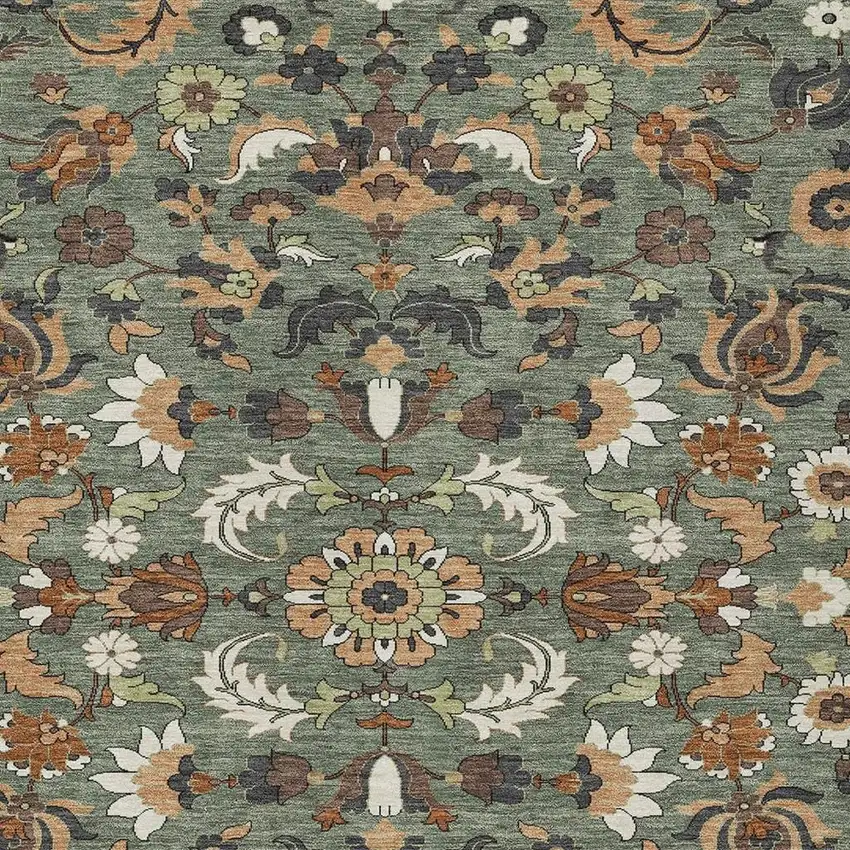 Green And Charcoal Floral Medallion Washable Indoor Outdoor Area Rug Photo 2
