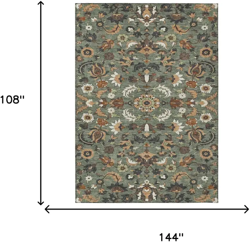 Green And Charcoal Floral Medallion Washable Indoor Outdoor Area Rug Photo 6