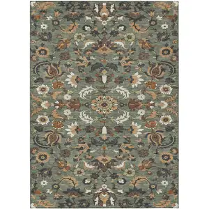 Photo of Green And Charcoal Floral Medallion Washable Indoor Outdoor Area Rug