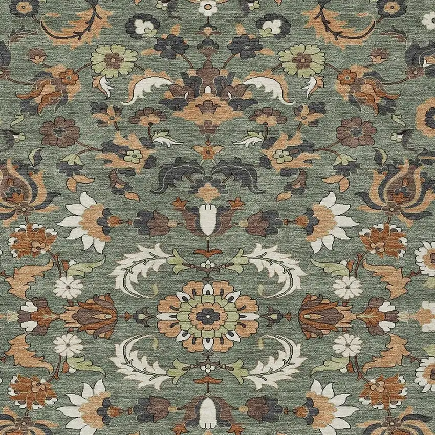 Green And Charcoal Floral Medallion Washable Indoor Outdoor Area Rug Photo 2