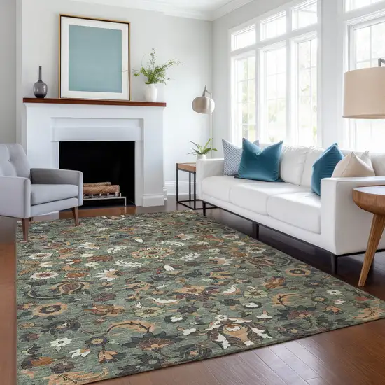 Green And Charcoal Floral Medallion Washable Indoor Outdoor Area Rug Photo 6