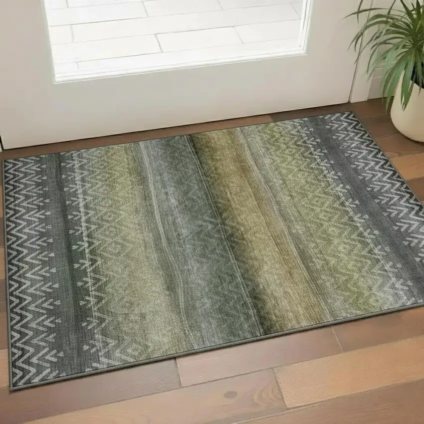 Green And Charcoal Geometric Washable Area Rug With UV Protection Photo 2