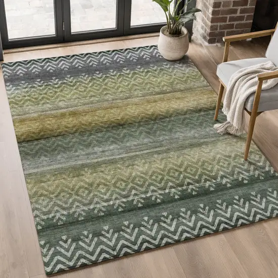 Green And Charcoal Geometric Washable Area Rug With UV Protection Photo 5