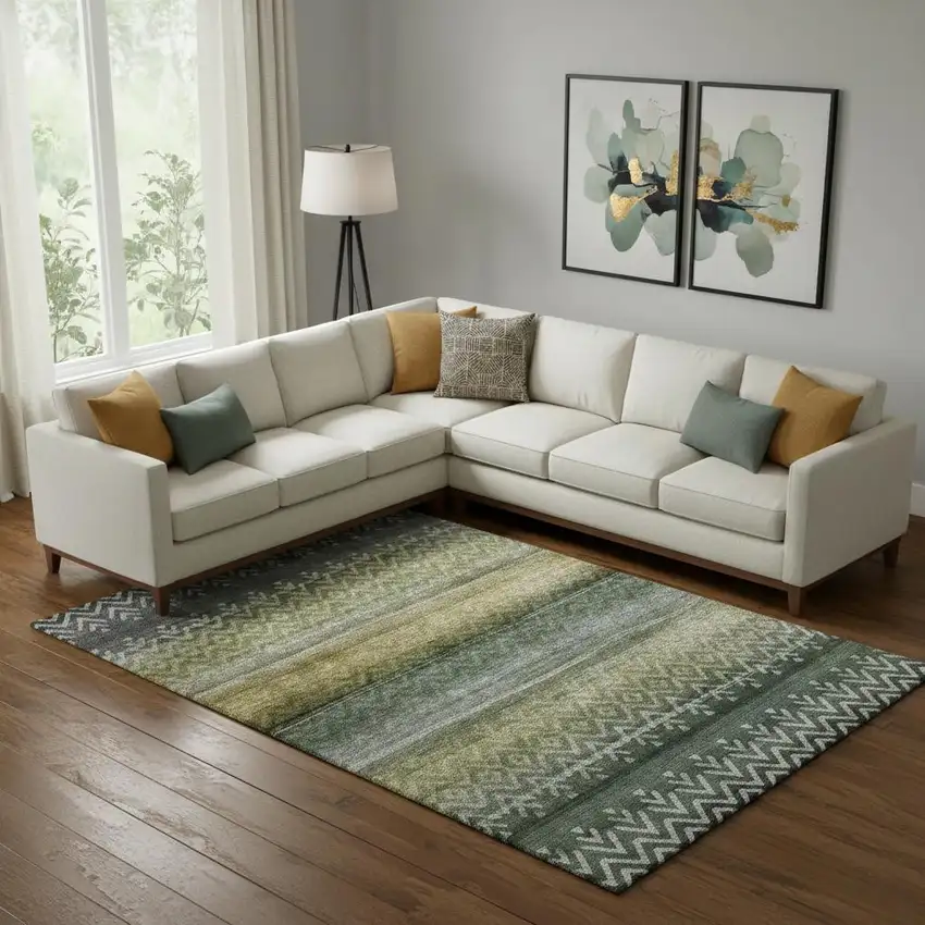 Green And Charcoal Geometric Washable Area Rug With UV Protection Photo 2