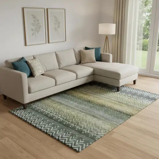 Green And Charcoal Geometric Washable Area Rug With UV Protection Photo 2