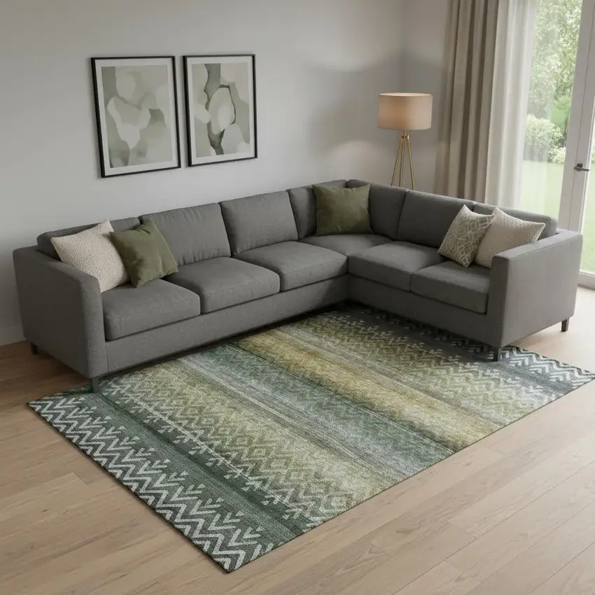 Green And Charcoal Geometric Washable Area Rug With UV Protection Photo 2