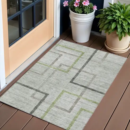 Green And Charcoal Geometric Washable Indoor Outdoor Area Rug Photo 1