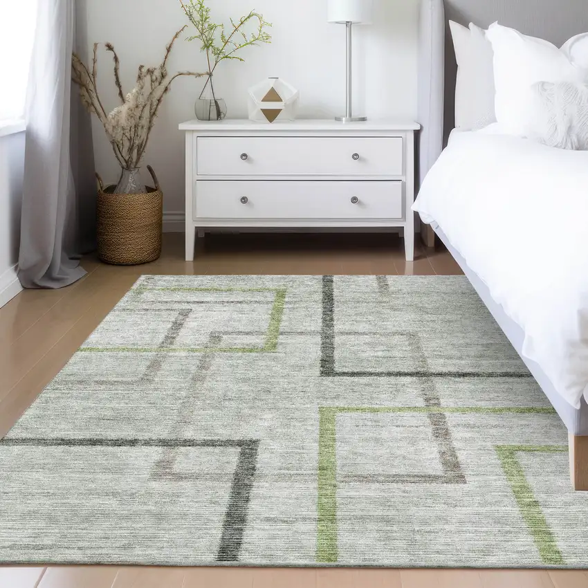 Green And Charcoal Geometric Washable Indoor Outdoor Area Rug Photo 9