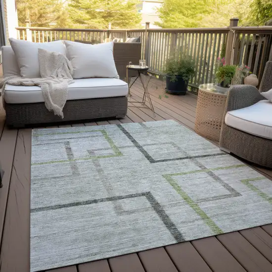 Green And Charcoal Geometric Washable Indoor Outdoor Area Rug Photo 8