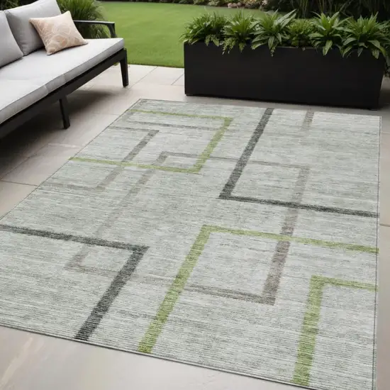 Green And Charcoal Geometric Washable Indoor Outdoor Area Rug Photo 1