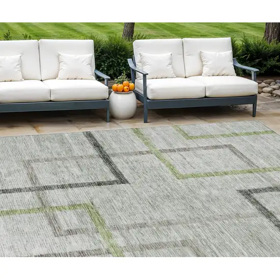 Green And Charcoal Geometric Washable Indoor Outdoor Area Rug Photo 1