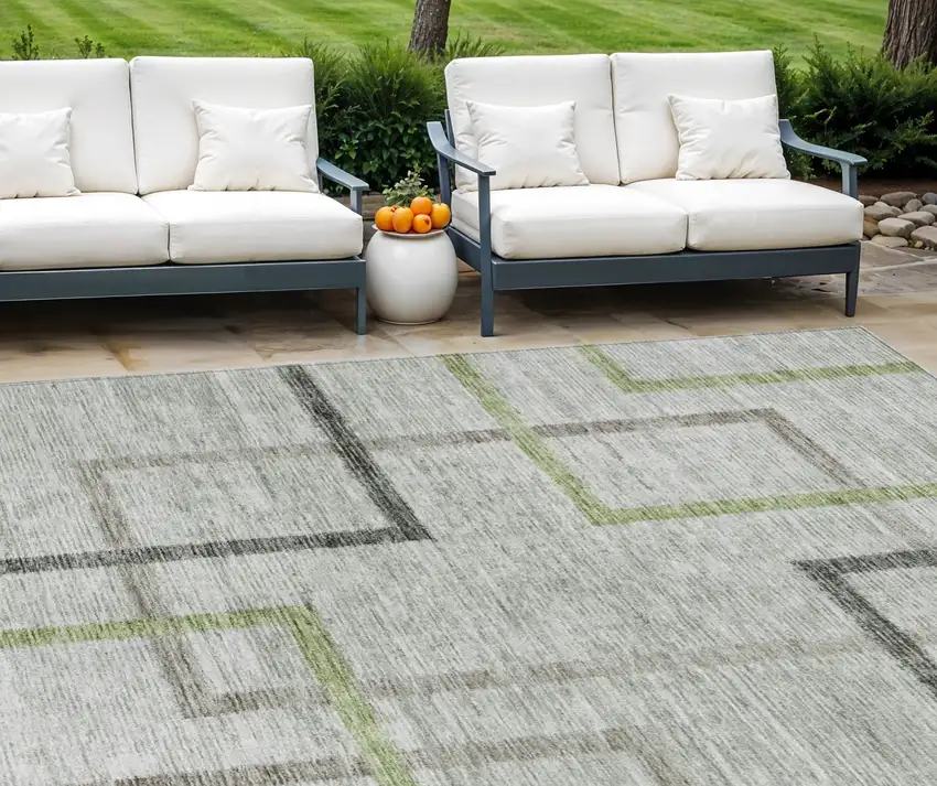 Green And Charcoal Geometric Washable Indoor Outdoor Area Rug Photo 1