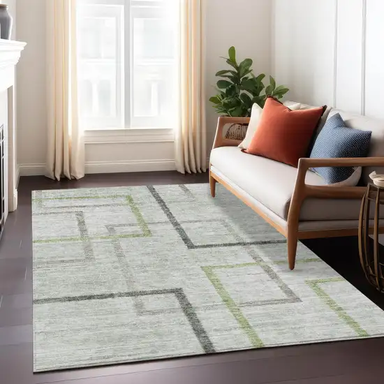 Green And Charcoal Geometric Washable Indoor Outdoor Area Rug Photo 9