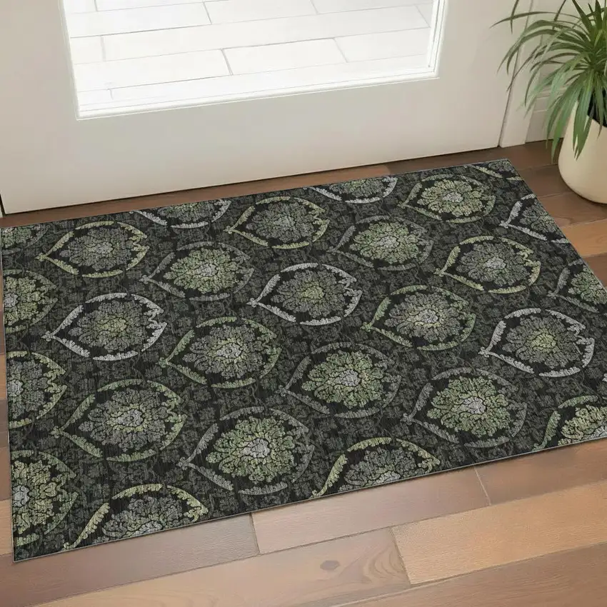Green And Charcoal Medallion Washable Area Rug With UV Protection Photo 1