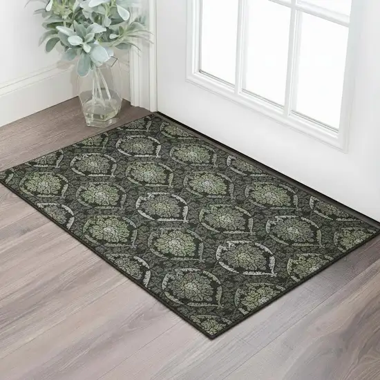 Green And Charcoal Medallion Washable Area Rug With UV Protection Photo 2