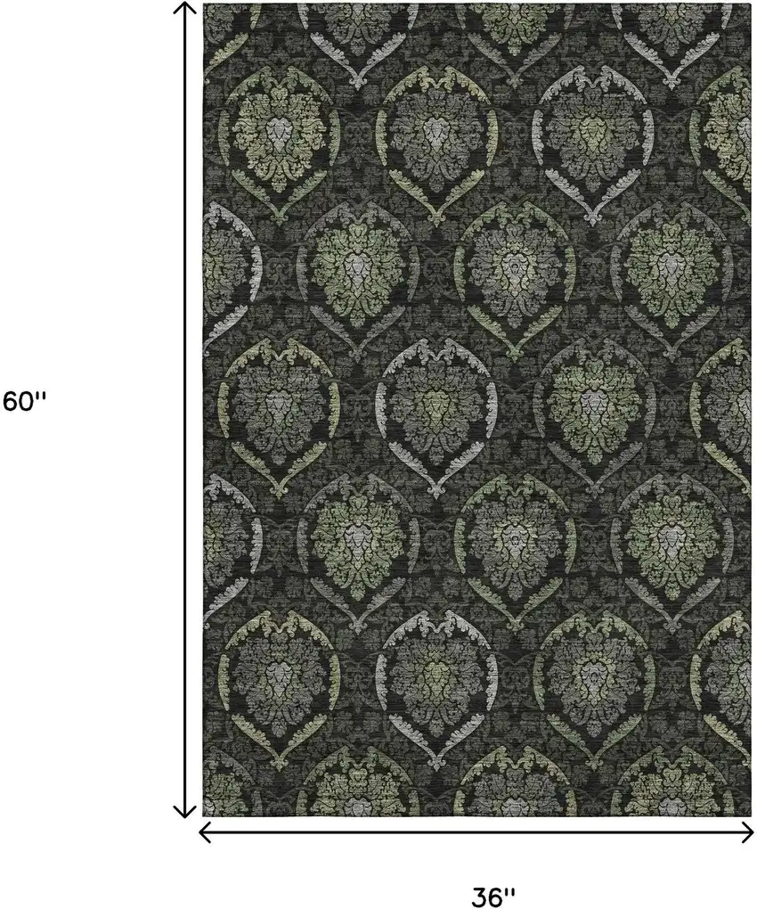 Green And Charcoal Medallion Washable Area Rug With UV Protection Photo 3