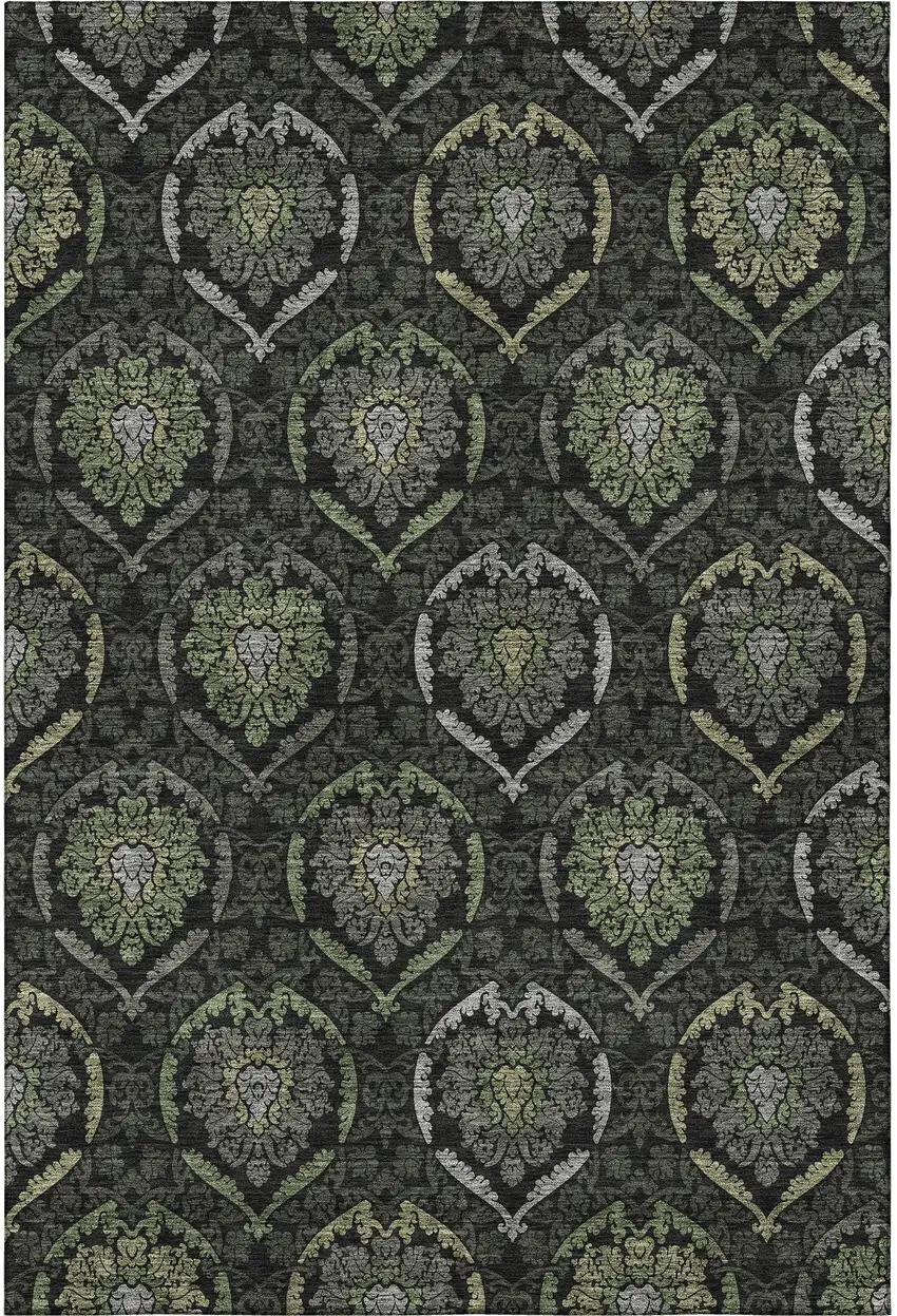 Green And Charcoal Medallion Washable Area Rug With UV Protection Photo 4
