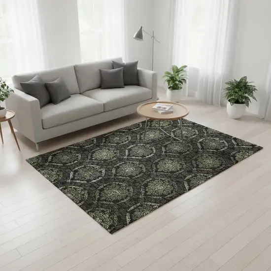Green And Charcoal Medallion Washable Area Rug With UV Protection Photo 2