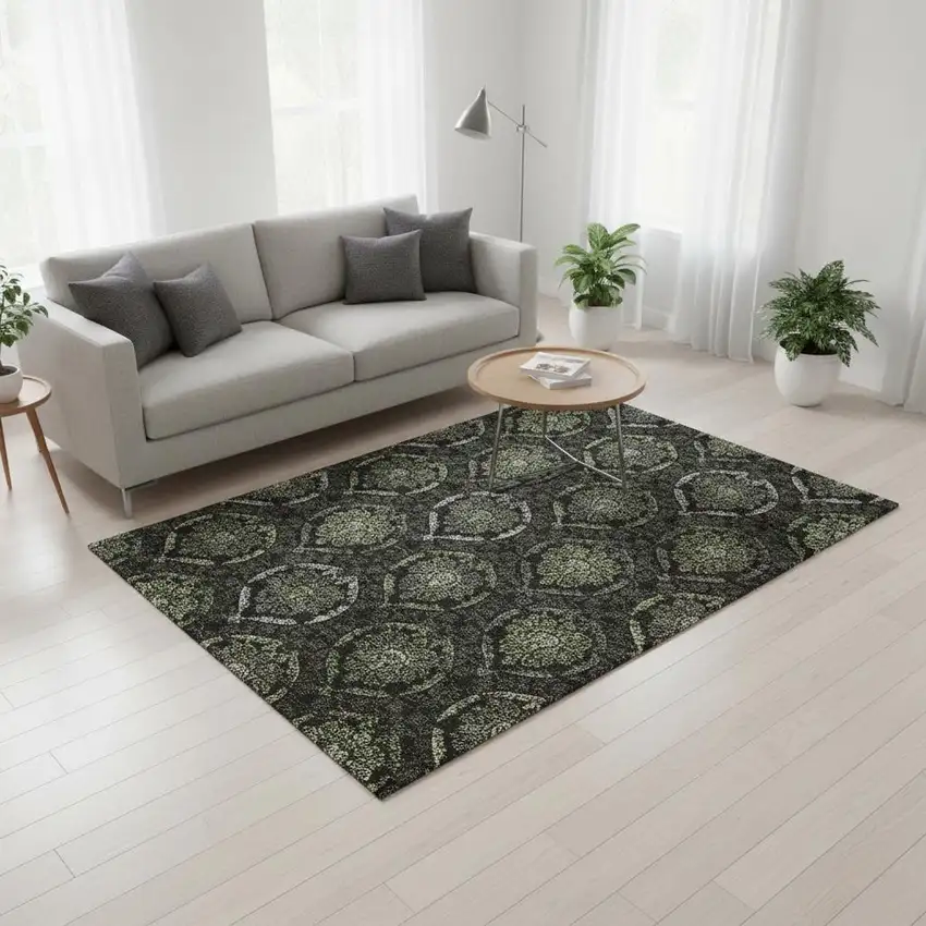 Green And Charcoal Medallion Washable Area Rug With UV Protection Photo 2