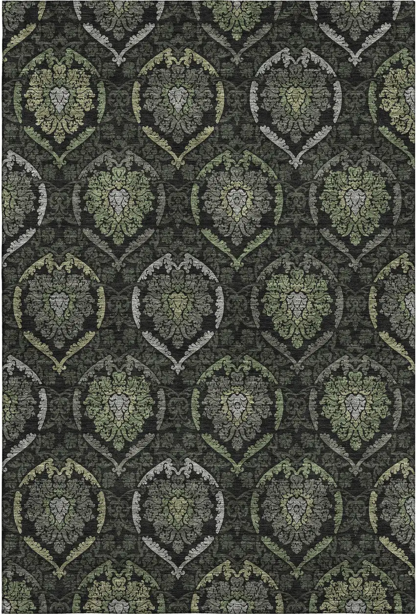 Green And Charcoal Medallion Washable Area Rug With UV Protection Photo 1